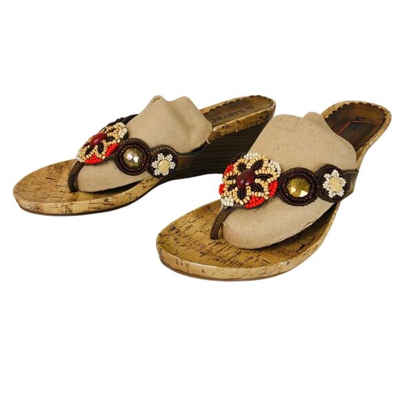Unlisted Orange Brown Tan beaded Top with Bling cork sandals 7.5M 3 inch wedge - Picture 4 of 16